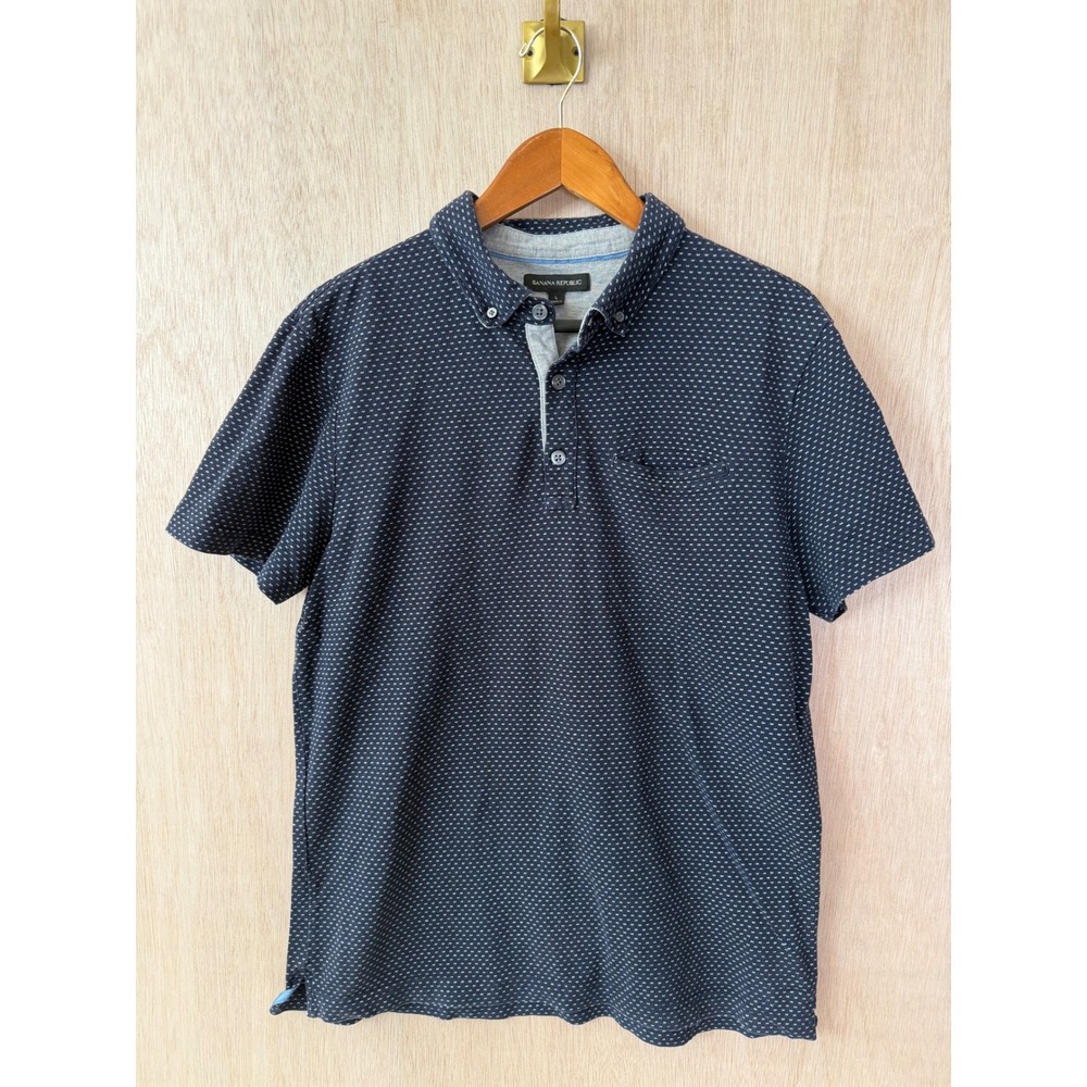 Banana Republic Mens Large Polo Shirt Navy Blue Geometric Print Short Sleeve L